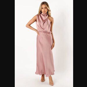 Petal & Pup Anabelle Dusty Pink Satin Halter Neck Midi Dress S